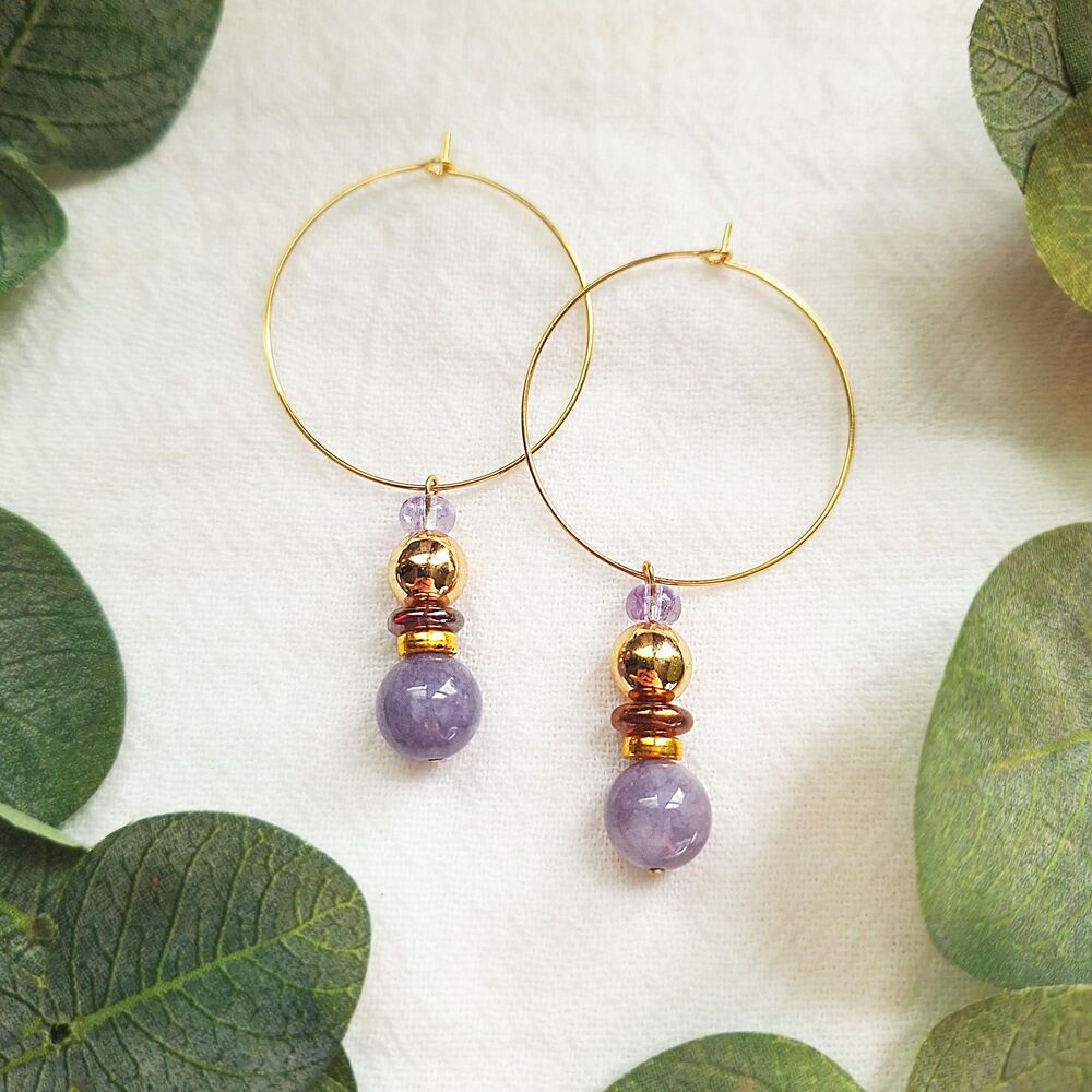 Purple Angelite Stone Hoops, Mid Century Modern Gold Hoops, Statement Earrings